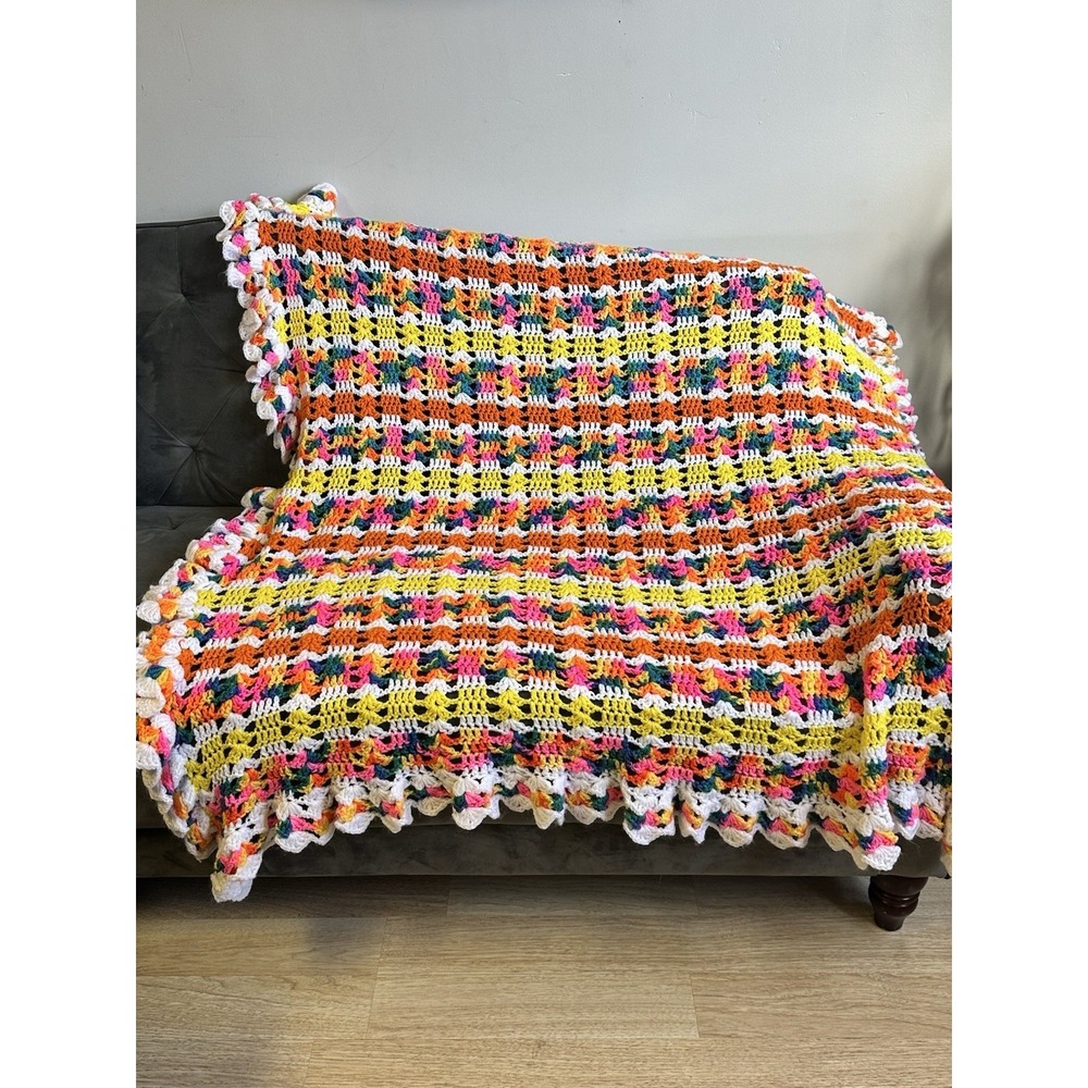 Handmade Crochet Retro Afghan Lap Throw Bright & Colorful Unique Granny‎ Core